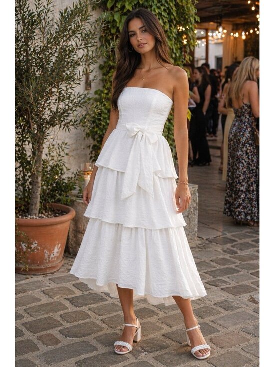 Lulus Dresses & Skirts - Lulus Truly Marvelous Midi Dress Sz Medium White Jacquard Strapless Tiered Belt